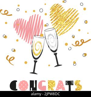 Celebration background with two champagne glasses. Glittering card design for birthday, party invitation, anniversary. Congrats lettering. Stock Vector
