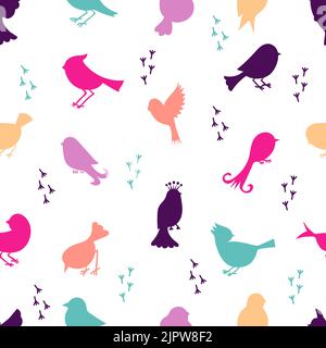 Cute birds seamless pattern. Vector background with bird silhouettes isolated on white. Colorful wallpaper Stock Vector