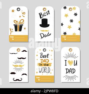 Fathers day set in gold and black. Collection of gift tags. Fathers day vector backgrounds. Best dad lettering. Sparkling cards, fathers day design Stock Vector