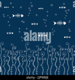 Horizontal seamless pattern with fish bones and abstract seaweeds. Vector doodle background Stock Vector