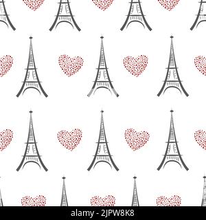 Black and white eiffel tower seamless pattern. Vector background with doodle eiffel towers and red hearts Stock Vector