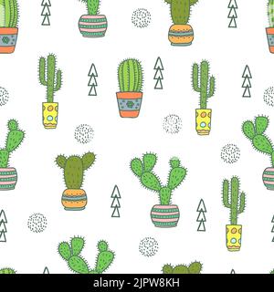 Cactus seamless pattern. Doodle colorful flowers in pots. Vector background with cute cactus Stock Vector