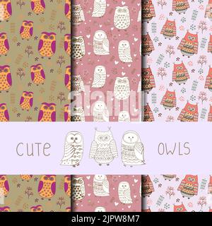 Cute owls seamless pattern. Set of vector backgrounds with doodle owls. Collection of hand drawn wallpaper Stock Vector