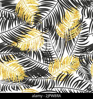 Palm leaves seamless pattern in black and gold colors. Tropical vector background with sparkling palm leaves Stock Vector