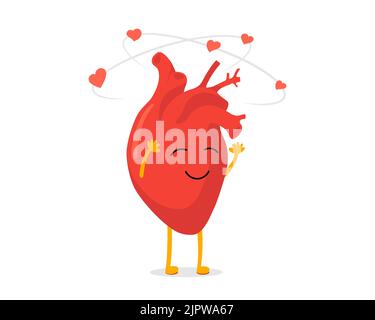 Cute cartoon enamored human heart character emotion. Happiness dizzy and hearts fly. Vector circulatory organ mascot dizziness with love. Funny romantic happy symbol eps illustration Stock Vector