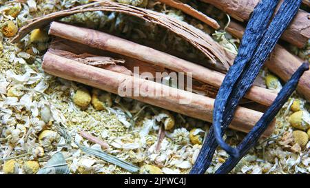 herbs and seeds for infusions with beneficial properties for health Stock Photo