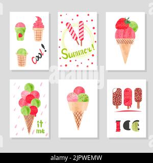 Set of cute card templates with watercolor ice cream for design. Suitable for birthday, party invitations. Hand drawn vector illustration Stock Vector