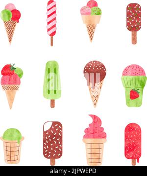 Watercolor ice cream set. Ice cream on stick, ice lolly and cones isolated on white. Vector illustration Stock Vector