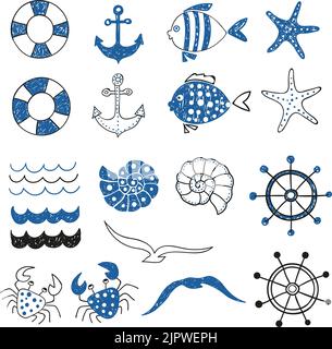 Sea set. Collection of marine symbols. Hand drawn vector illustration Stock Vector