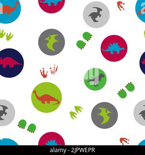 Circles seamless pattern with cute dinosaurs. Vector background with silhouettes of dinosaurs. Kids design Stock Vector