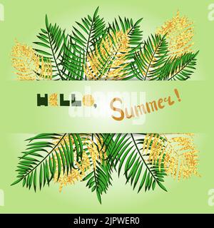 Summer vector illustration in green and gold colors. Hello summer lettering. Card design with black and gold palm leaves and place for text Stock Vector