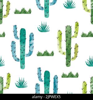 Watercolor cactus seamless pattern. Vector background with green and blue cactus isolated on white Stock Vector