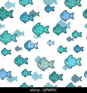 Abstract blue fish seamless pattern. Vector background with ornamental fishes isolated on white Stock Vector