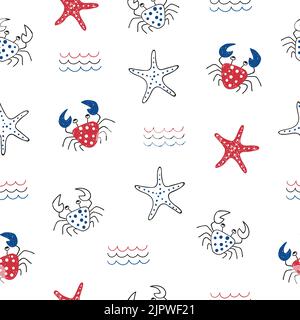 Sea seamless pattern. Marine life. Vector marine background with cute doodle crabs, starfishes and waves Stock Vector