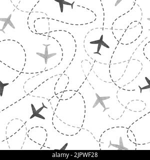 Seamless pattern with watercolor airplanes. Travel around the world concept. Vector background Stock Vector