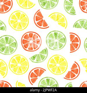 Watercolor citrus seamless pattern. Vector background with lemon, orange and lime slices isolated on white. Can be used for wallpaper, web page design Stock Vector