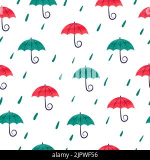 Seamless pattern with watercolor colorful umbrellas. Rain background. Rain drops and umbrellas isolated on white Stock Vector