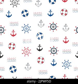 Nautical seamless pattern. Vector background with doodle marine symbols. Stock Vector