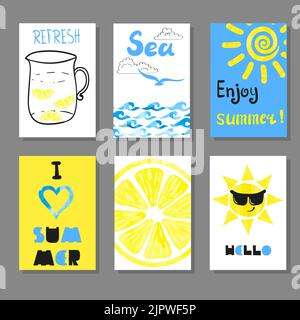 Summer watercolor card set in yellow and blue colors. Vector collection of bright summer cards. Hand drawn summer posters with sun, sea, lemon Stock Vector