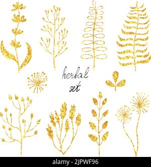 Set of golden branches and leaves. Glittering vector collection of floral decorative elements for your design Stock Vector