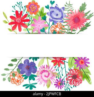 Floral card design with place for text. Watercolor flowers, leaves and branches isolated on white. Vector illustration suitable for birthday card Stock Vector