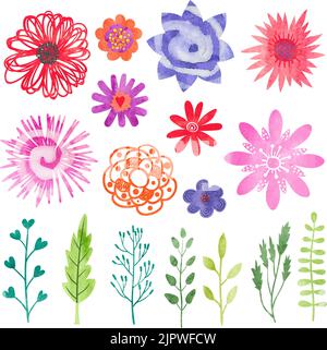 Watercolor flowers set. Colorful flowers, leaves and branches isolated on white. Vector floral collection Stock Vector