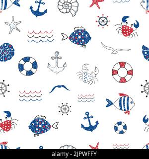 Cute marine life doodle seamless pattern. Vector sea background with fish, crab, starfifh, anchor, seagull. Suitable for wallpaper, wrapping paper Stock Vector