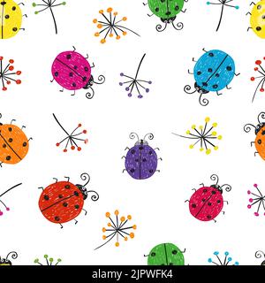 Seamless pattern with colorful doodle bugs. Vector background with cute ladybugs Stock Vector