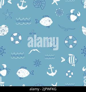 Marine seamless pattern. Vector sea background with cute doodle fish, anchor, seagull, crab. Can be used for wallpaper, kids textile, web page design Stock Vector