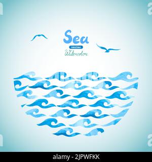 Watercolor sea vector background. Abstract blue waves and seagulls. Marine theme illustration Stock Vector