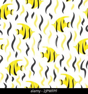 Yellow and black seamless pattern with watercolor fishes. Vector background Stock Vector