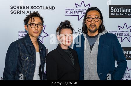 Edinburgh, Scotland, UK, 17th August 2022. After Yang European premiere: at Edinburgh International Film Festival at Vue Omni with cast member Justin H. Min who plays an android, EIF Director Kristy Matheson and Director Kogonada . Credit: Sally Anderson/Alamy Live News Stock Photo