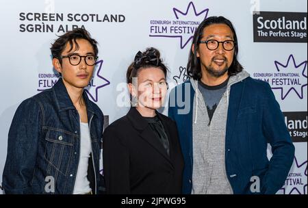Edinburgh, Scotland, UK, 17th August 2022.  The European film premiere of After Yang at Edinburgh International Film Festival at Vue Omni cinema red carpet event with cast member and actor Justin H. Min, Edinburgh International Film Festival Director Kristy Matheson and Director Kogonada. Credit: Sally Anderson/Alamy Live News Stock Photo
