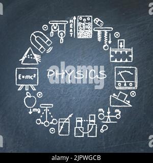 Physics science round banner on chalkboard. Physical symbols on blackboard. Vector illustration Stock Vector