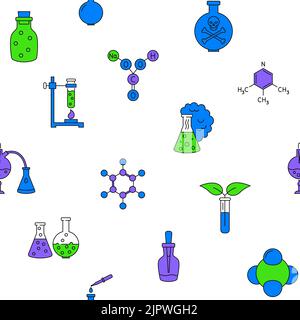 Chemistry science seamless pattern in colored line style. Background with chemical symbols. Vector illustration. Stock Vector