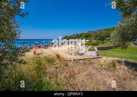 View of the Aegean Sea and Paralia Troullos, Skiathos Island, Sporades Islands, Greek Islands, Greece, Europe Stock Photo