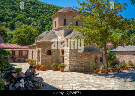 View of Moni Evaggelistrias Monastery, Skiathos Island, Sporades Islands, Greek Islands, Greece, Europe Stock Photo
