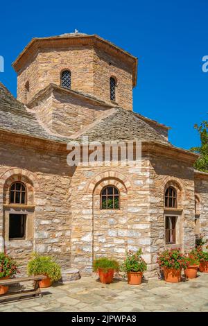 View of Moni Evaggelistrias Monastery, Skiathos Island, Sporades Islands, Greek Islands, Greece, Europe Stock Photo