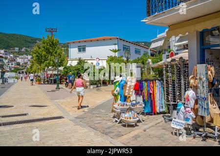 View of shops in Skiathos Town, Skiathos Island, Sporades Islands, Greek Islands, Greece, Europe Stock Photo