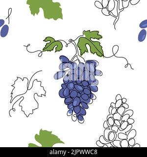 Blue grape bunch vector pattern, print, wallpaper, texture. One single line art drawing. Grape pattern for label design of juice or wine Stock Vector
