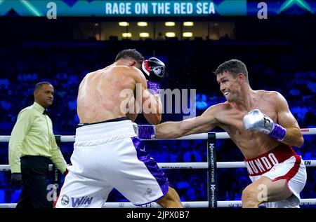 Callum Smith (right) in action against Mathieu Bauderlique during their Final Eliminator for the WBC Super-Middleweight Title fight at the King Abdullah Sport City Stadium in Jeddah, Saudi Arabia. Picture date: Saturday August 20, 2022. Stock Photo