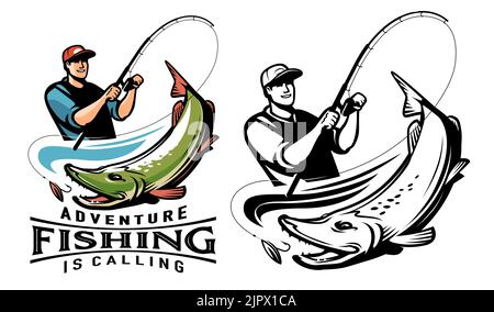 Fisherman caught big fish pike on spinning rod. Sport fishing, outdoor activities emblem. Vector illustration isolated Stock Vector