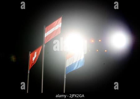 Munich, Germany. 20th Aug, 2022. Flags of Switzerland, Latvia, and Netherlands during the Beach Volleyball Medal Ceremony at Koenigsplatz at the Munich 2022 European Championships in Munich, Germany (Liam Asman/SPP) Credit: SPP Sport Press Photo. /Alamy Live News