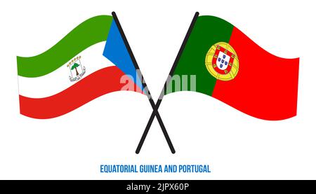 Equatorial Guinea and Portugal Flags Crossed And Waving Flat Style. Official Proportion. Stock Photo