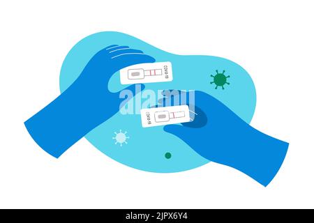 Holding negative covid test result in hand, rapid diagnostic kit showing one line, negative result, patient holds a lateral flow test for coronavirus Stock Vector