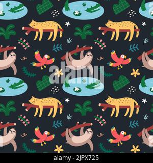 Jungle animals pattern, seamless ornament with cute leopard, sleeping wild jaguar, flying macaw parrot and crocodile Stock Vector