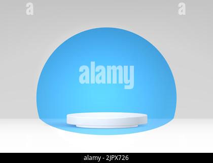 Podium platform realistic vector 3d render on white background wit spotlight. Product presentation minimal scene. White podium shape wit blue circle Stock Vector