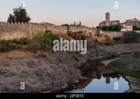 Exterior of the walled enclosure of Buitrago de Lozoya, with the church of Santa Maria del Castillo standing out between the walls.Madrid Stock Photo