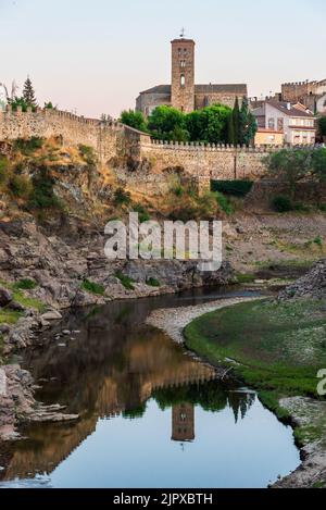 Exterior of the walled enclosure of Buitrago de Lozoya, with the church of Santa Maria del Castillo standing out between the walls.Madrid Stock Photo