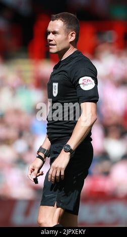 Sheffield, UK. 20th Aug, 2022. Referee Leigh Doughty during the Sky Bet Championship match at Bramall Lane, Sheffield. Picture credit should read: Simon Bellis/Sportimage Credit: Sportimage/Alamy Live News Stock Photo